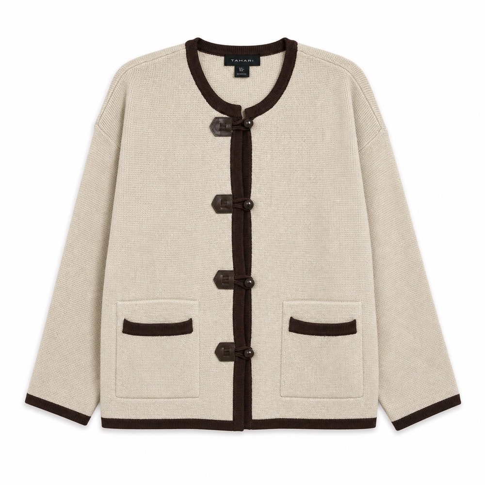 Tahari Beige Toggle Cardigan Sweater Neutral Quiet Luxury Medium
